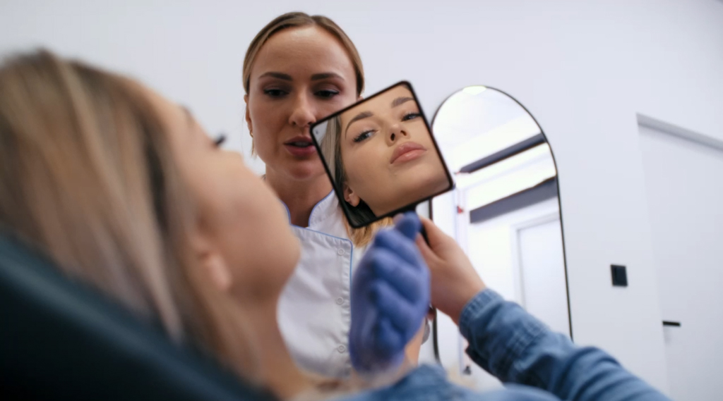 A patient stares in a mirror after a wrinkle treatment in Jamestown, RI